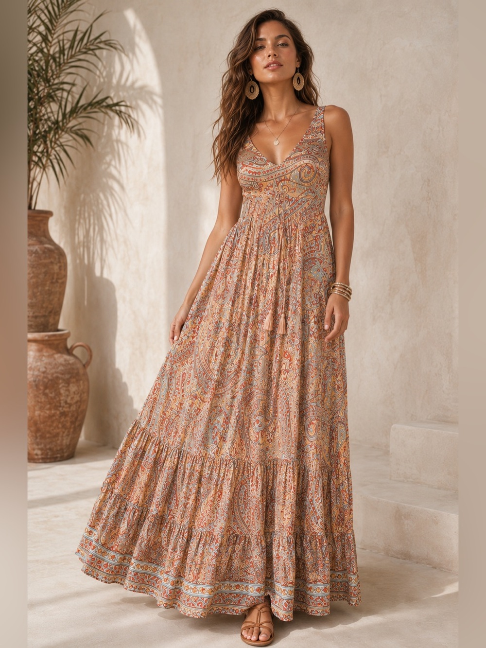 Boho Paisley Maxi Dress - Tan Multi